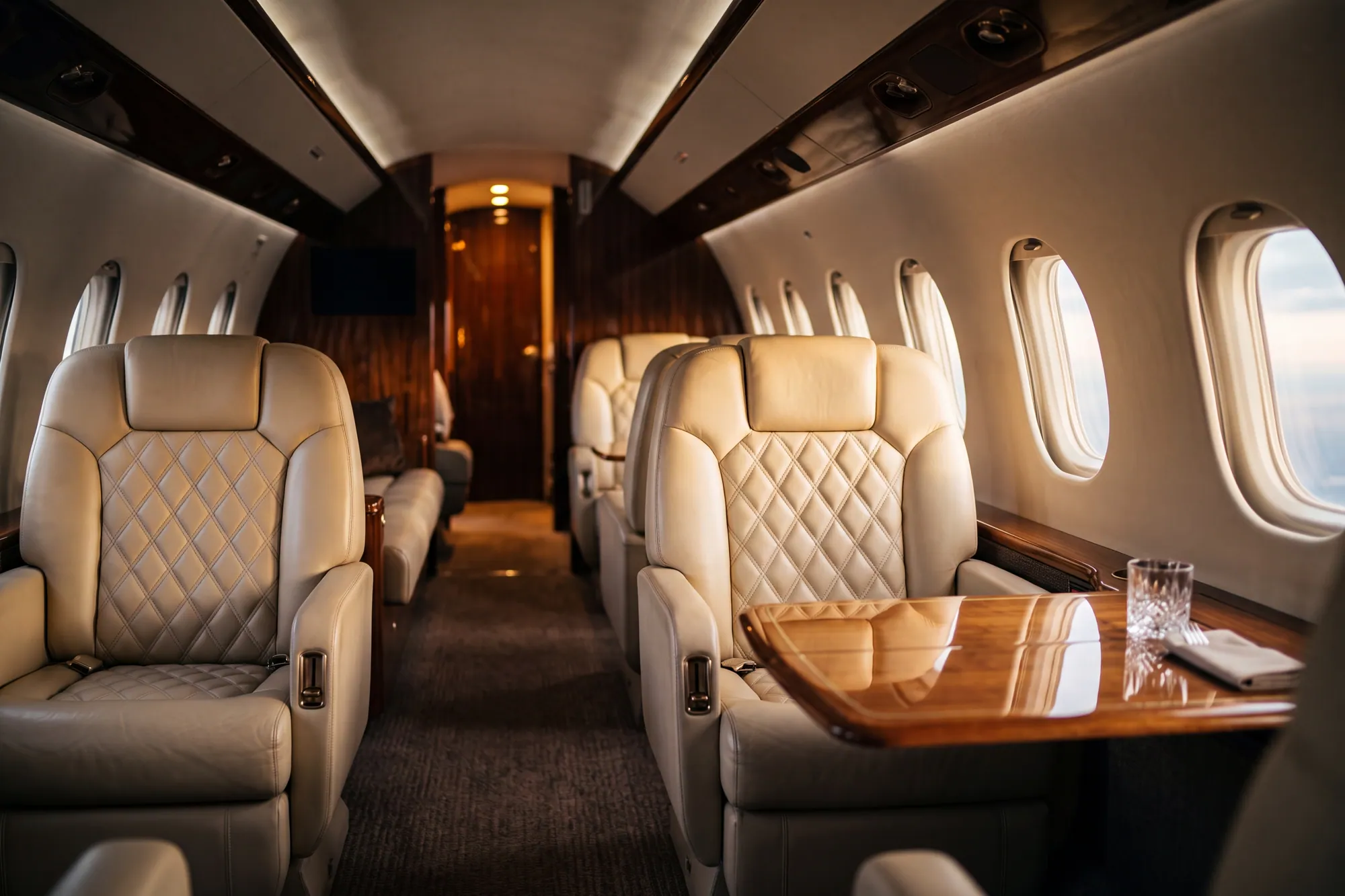 Business jet cabin interior in daylight